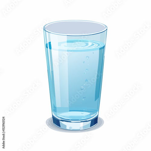 A full, clear glass of water with bubbles and reflections against a white background