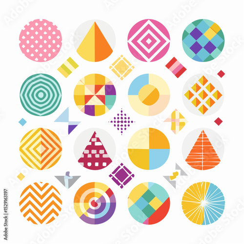 Colorful geometric shapes and patterns arranged in a visually appealing abstract design