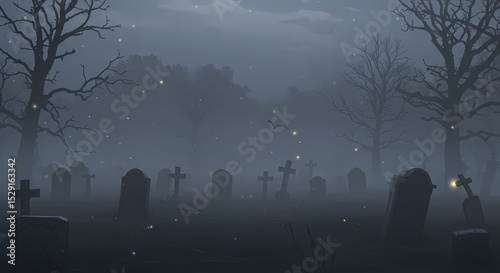 Spooky graveyard with tombstones and foggy atmosphere at night   photo