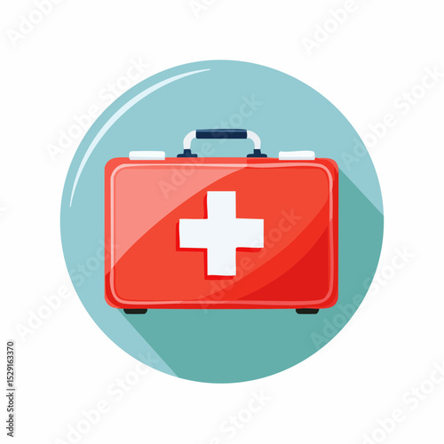 Red first aid kit with a white cross inside a teal circle illustration