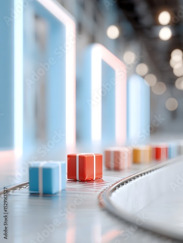 Colorful packages on conveyor belt in modern warehouse product distribution industrial environment close-up perspective