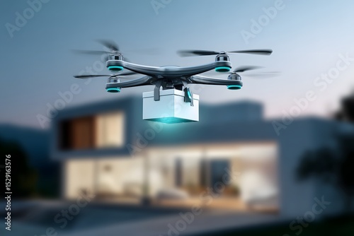 Drone delivery service innovates home logistics modern residence product transport urban environment aerial view technology concept