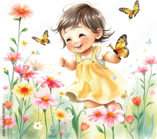 A watercolor painting depicts a cheerful toddler girl in a yellow dress joyfully leaping amidst a vibrant garden filled with colorful flowers and fluttering butterflies.