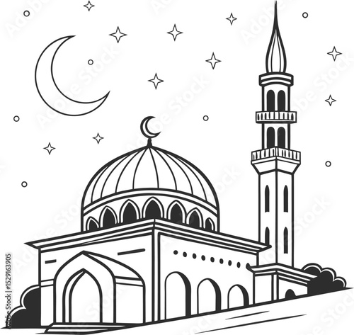 Simple Line Art of Mosque with Crescent Moon and Stars in a Night Sky