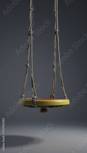 round yellow swing seat hangs from thick ropes against dark background, casting soft shadow on ground. simple design and neutral tones create calm and nostalgic atmosphere