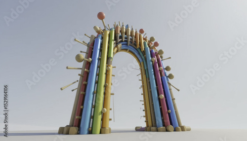 colorful, abstract arch sculpture made of various geometric shapes and vibrant colors stands against plain background, evoking sense of creativity and playfulness