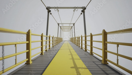 modern suspension bridge with yellow railings and yellow walkway stretches into fog, creating sense of mystery and adventure. minimalist design emphasizes symmetry and perspective