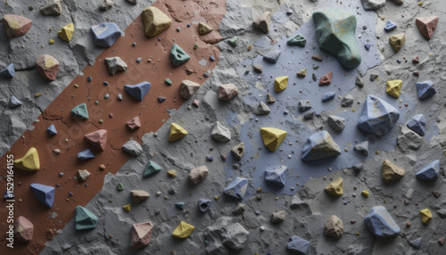 colorful indoor climbing wall features various handholds and footholds different shapes and sizes, set against textured surface with diagonal stripes. vibrant arrangement creates engaging