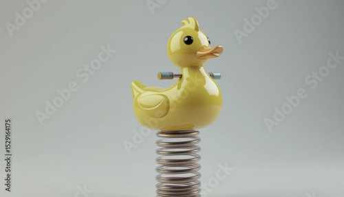 playful yellow duck shaped spring rider with shiny surface stands against neutral background, evoking sense of childhood nostalgia and fun