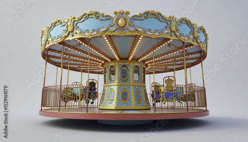 beautifully detailed vintage carousel with ornate decorations and colorful horses stands against neutral background, evoking sense of nostalgia and joy