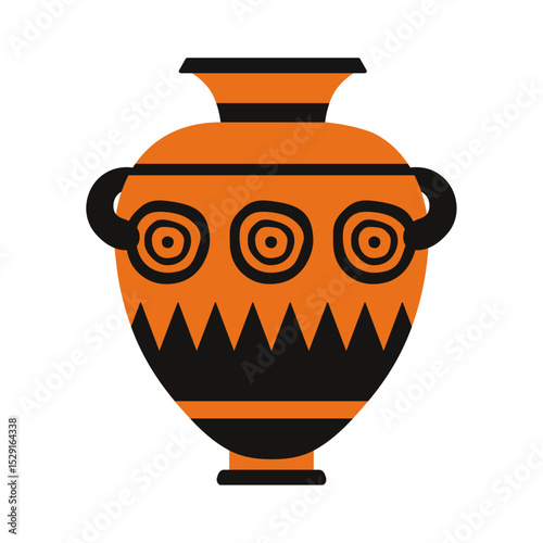 Ancient Greek vase illustration with bold circular motifs and zigzag patterns in classic black and orange colors. Ideal for historical, archaeological, and mythology-themed creative projects.