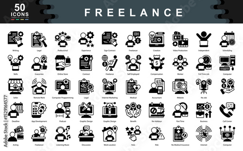The Freelance black icon set defines key drivers of independent work such as flexibility, skill based income, and contract engagement, ideal for remote platforms, gig economy, and creative industries.