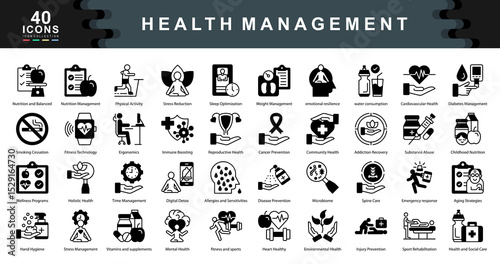 The Health Management black icon set highlights proactive strategies in wellness, disease prevention, and recovery, ideal for medical apps, fitness programs, and public health campaigns.