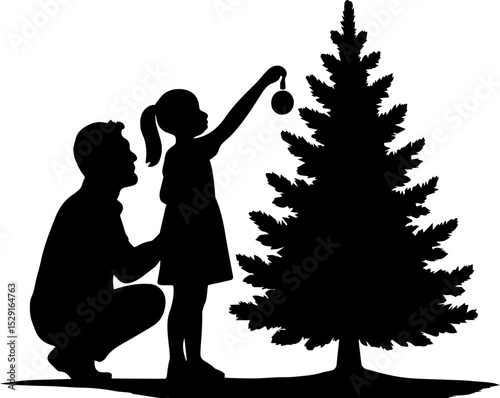 Father and Daughter Decorating Christmas Tree - Silhouette