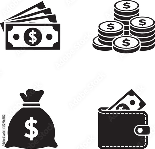 Money Icon silhouette set vector illustration isolated On Transparent Background