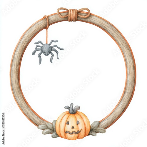 Decorative autumn wreath featuring a pumpkin and spider for Halloween festivities