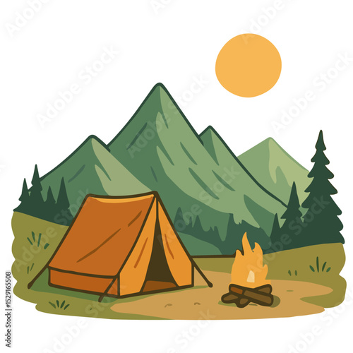 An illustration of a camping scene with an orange tent, campfire, pine trees, and mountains under the sun. Perfect for outdoor, hiking, or adventure-themed content.
