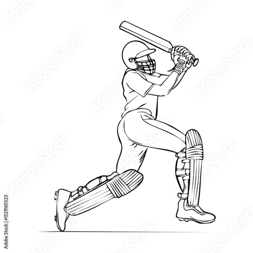Detailed line drawing of a cricket player mid-action, executing a classic pull shot