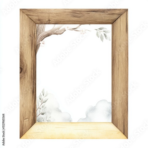 Artistic wooden frame with delicate watercolor foliage design against a blank background
