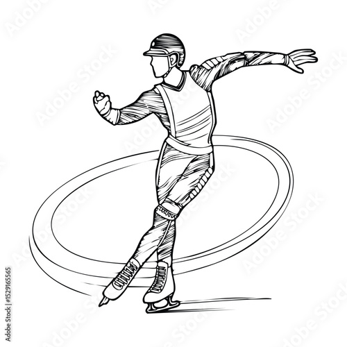 Figure skater performing a graceful spin on the ice, captured in fluid and elegant lines