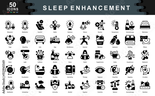 Sleep Enhancement icon collection set. Containing,Relaxation,Meditation, Comfort,Habits, Darkness,Aromatherapy,Yoga,Insomnia,Napping,Melatonin icon.Simple black vector.