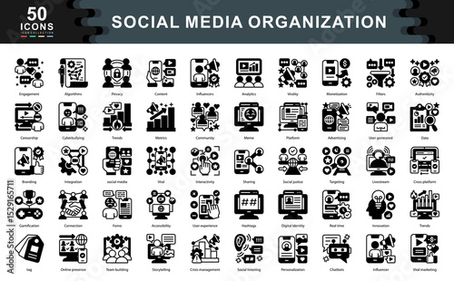 The Social Media Organization black icon set represents key strategies, tools, and dynamics for digital influence, audience engagement, content management, and brand visibility in today's platforms.