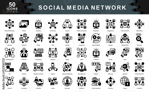 Social Media Network Icons Collection contains creator,Influence,Empowerment,Innovation,Subscribe,Trends,Reviews,Interaction,Privacy,Creativity,Network Marketing Icons Simple black vector Illustration