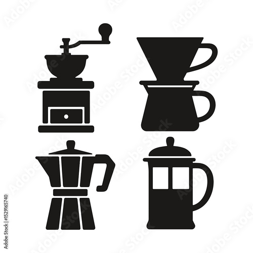Black and white coffee illustration set featuring various brewing tools and cups, including a kettle, dripper, moka pot, mug, and takeaway cup. Perfect for cafe, barista, or coffee-themed designs.