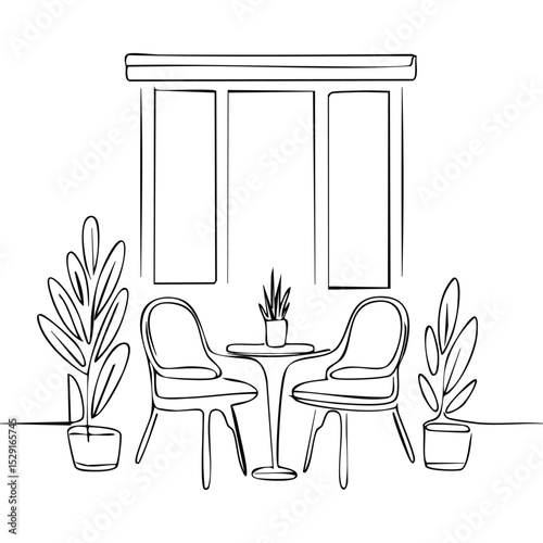 Minimalist one-line drawing of a balcony or patio with a small table, two chairs, and potted