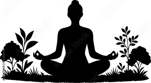 Meditation Pose with Plants and Flowers - Silhouette