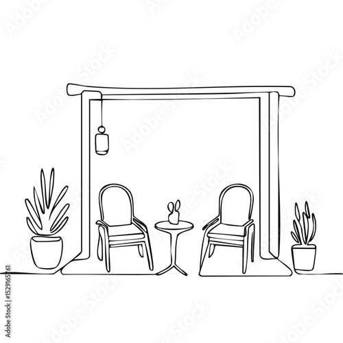 Minimalist one-line drawing of a balcony or patio with a small table, two chairs