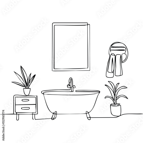 Minimalist one-line drawing of a bathroom interior with a bathtub, potted plant, towel rack