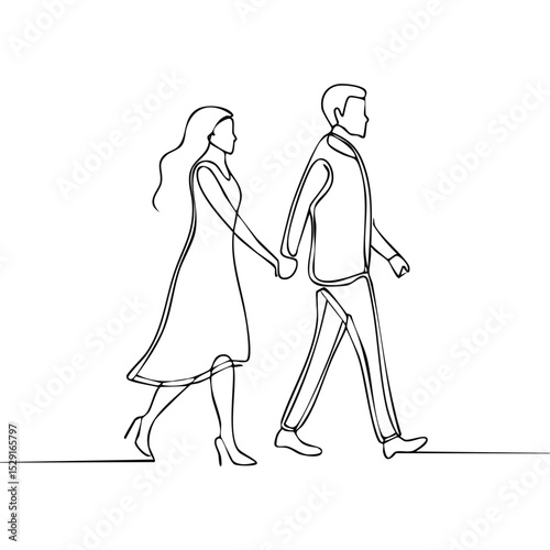 Minimalist one-line drawing of a couple holding hands and walking together, side view