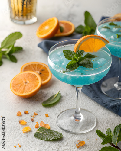 Blue Danube Cocktail with Orange Slices and Mint, on Terrazo Surface