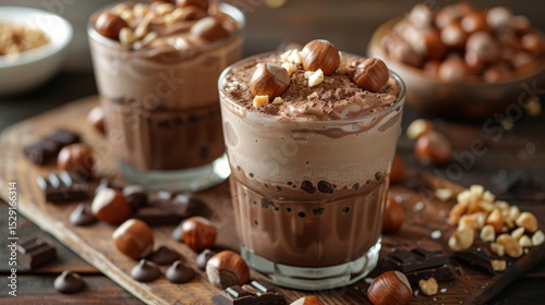 An enticing view of luxurious chocolate desserts topped with hazelnuts and cocoa, presenting a rich and indulgent treat perfect for satisfying your sweet cravings.
