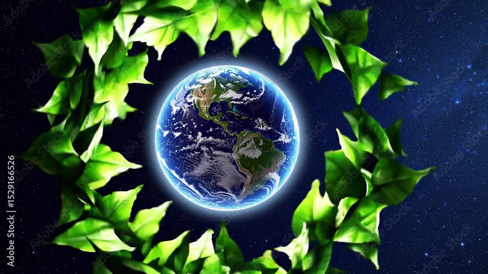 Green leaves embracing rotating planet earth, symbolizing environmental conservation and sustainability against starry space background
