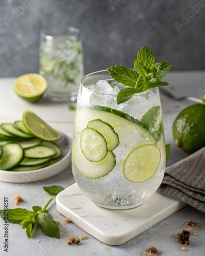 Glass of refreshing gin and tonic with cucumber and lime decorated with mint leaves placed on white table against gray background