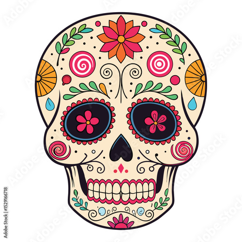 Vibrant sugar skull adorned with colorful candy designs and intricate decorative elements, showcasing traditional Mexican Día de Muertos aesthetics.