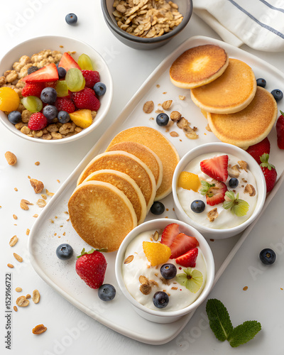 Pancake dippers with topped yoghurt bowls