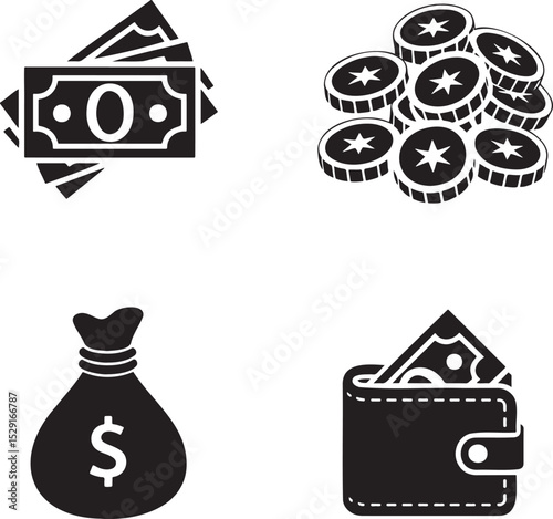 Money Icon silhouette set vector illustration isolated On Transparent Background