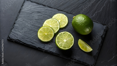 Whole and cut limes on black slate board