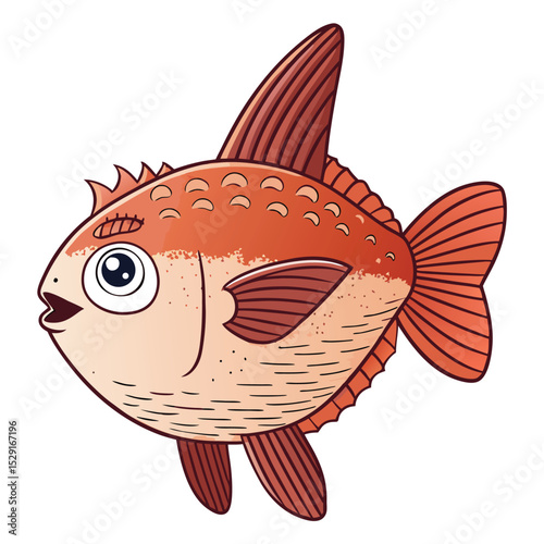Illustrate a cartoon sunfish with comically large, floppy fins and bulging eyes, swimming in clear blue water.