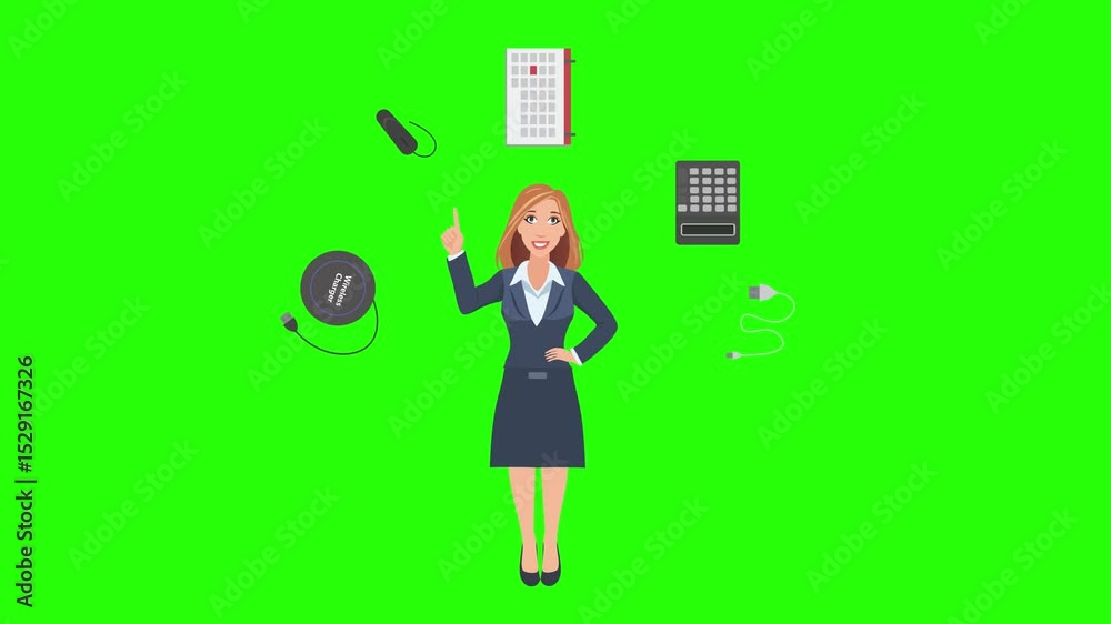 Cartoon animation with office women surrounded by office tools elements, business or education graphics Cartoon animation with office women surrounded by office tools elements, business or education graphics