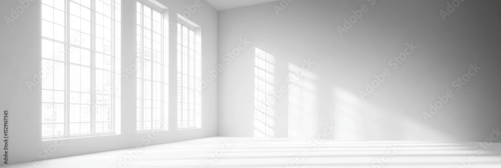 Fototapeta premium Bright and Elegant Studio Interior with Sunlight Streaming Through Windows, Perfect Mockup Space