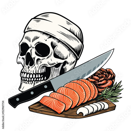 A meticulously detailed illustration of a skull, wearing a chef's hat, expertly slicing sashimi with a katana, isolated on a pure white background.