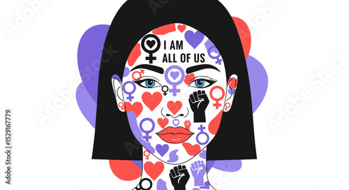 Woman's face adorned with symbols of equality and empowerment  