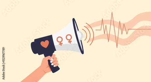 Hand holding megaphone with feminist symbols and sound waves  