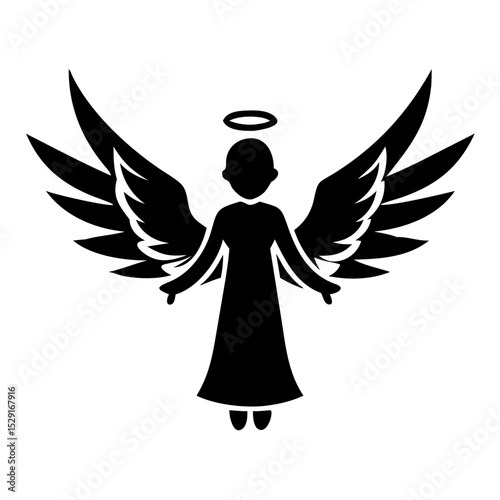 Serene angel with large wings and halo. Peaceful angel image ideal for religious art, spiritual designs, or meditation imagery. This elegant angel graphic is perfect for faith-based publications,