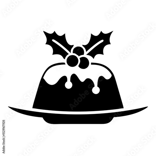 Festive Christmas pudding dessert icon on plate. Traditional Christmas pudding illustration with holly and berries. Perfect Christmas pudding graphic for holiday cards or festive menus.