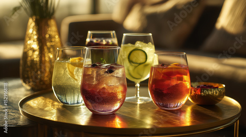 Elegant assortment of colorful cocktails on a round golden table lit by warm sunset light indoors photo
